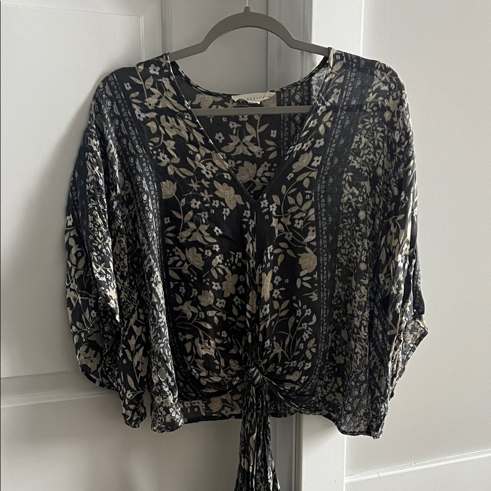 Floral Tie-Front V-Neck Blouse - Navy & Cream